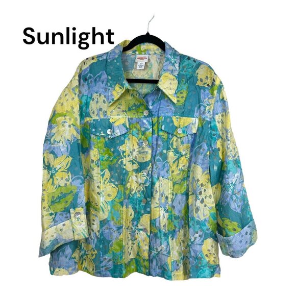 Ruby Rd. Favorites Women SZ 22W Burnout Blue Floral Jacket Top  Adj Sleeve - Picture 1 of 10